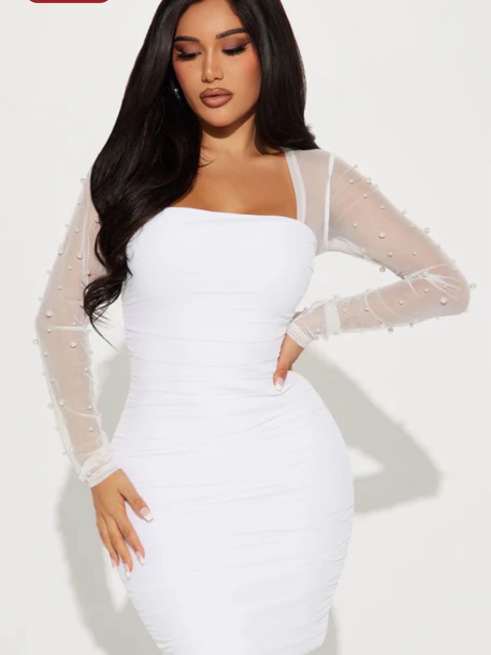Fashion Nova White Pearl-Embellished Sheer-Sleeve Bodycon Dress